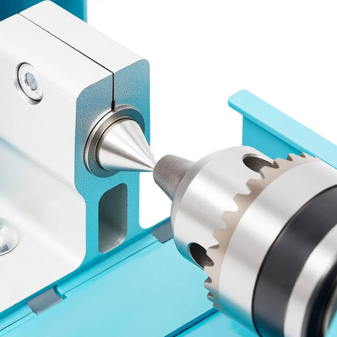 Close-up of Mini Wood Lathe for Desktop Use with 7 Speed Settings 96W Motor Up to 9000 RPM for precision cutting and shaping.