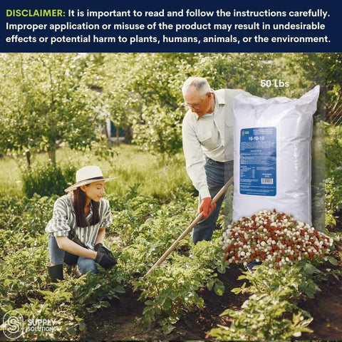 Gardener and farmer using 10-10-10 Lawn And Garden Granular Fertilizer With Micronutrients For Soil Health in vegetable patch