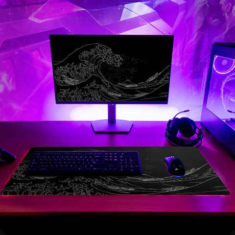 Japanese Sea Wave Large Mouse Pad Extended 31.5 By 11.8 Inches 3mm Thick Non Slip Rubber Base Desk Mat For Gaming And Office