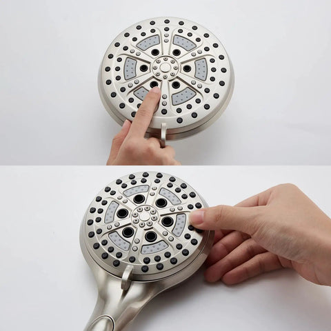 Hand setting modes on dual shower system with handheld and rain head, high pressure 2 in 1 shower kit, brushed nickel