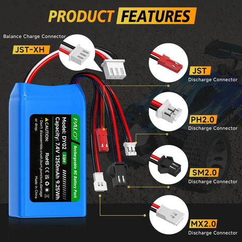 Two Pack 7.4V 2S LiPo RC Battery Set 1200mAh 35C Burst 70C High Discharge With JST PH2.0 SM2.0 MX2.0 Connectors For Axial SCX24