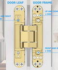 Heavy Duty Hidden Door Hinges 2 Pack Gold Finish with adjustment indicators for seamless installation and fit.