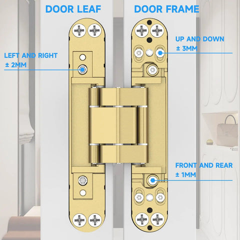 Heavy Duty Hidden Door Hinges 2 Pack Gold Finish with adjustment indicators for seamless installation and fit.