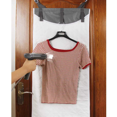 Over The Door Vertical Steamboard Press Pad For Handheld Steamers with hanger, striped shirt being steamed, door-safe design