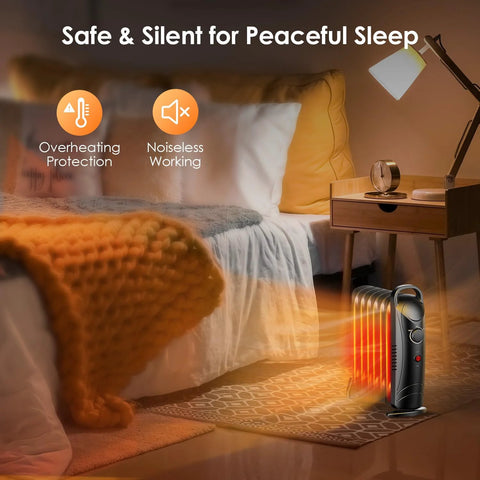 Air Choice 700W black oil-filled radiator heater, front view; indoor use, compact floor unit with thermostat