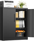Locking Metal Storage Cabinet With Two Shelves And Locking Doors In Black Steel For Office Garage Or Home Tough And Ready Lockable Steel Cabinet With Dustproof Coating And Easy To Clean Surface showing open doors with contents visible