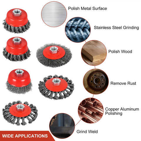 6 Piece Angle Grinder Wire Wheel Set With 4.5 Inch And 4 Inch Knotted Coarse Crimped Wheels Five Eighths Inch Eleven Threaded Arbor
