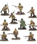 Soviet Army Infantry Platoon 28Mm Scale Plastic Miniatures for Bolt Action in summer uniforms, rear view with rifles and gear.