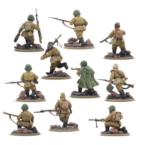 Soviet Army Infantry Platoon 28Mm Scale Plastic Miniatures for Bolt Action in summer uniforms, rear view with rifles and gear.