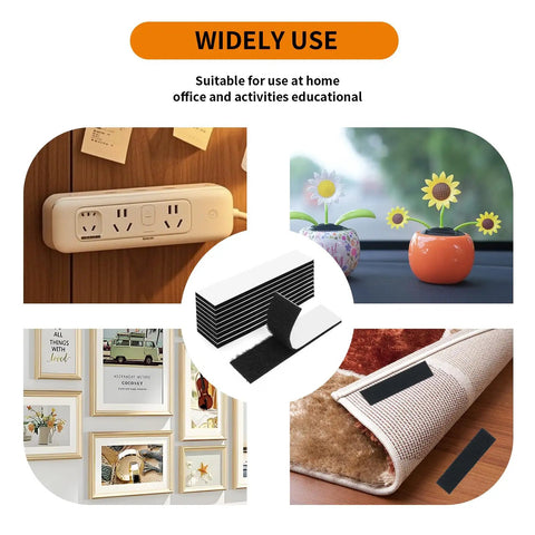 Heavy Duty Hook And Loop Tape 20 Pack 1x4 Inch Double Sided Fastener Strips securing various household items.