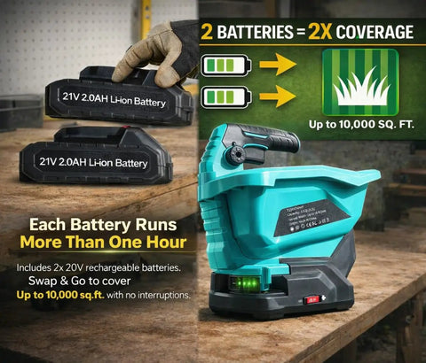 Cordless Electric Fertilizer And Seed Spreader for Lawns with dual 21V batteries, showcasing 3.5Qt capacity and power features.