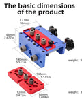 Straight Shooting Wood Dowel Drilling Guide 3 In 1 Jig Kit dimensions display with blue and red heavy duty aluminum parts.