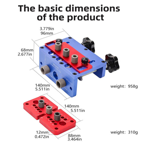 Straight Shooting Wood Dowel Drilling Guide 3 In 1 Jig Kit dimensions display with blue and red heavy duty aluminum parts.
