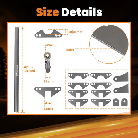 Size details of Parallel 4 Link Suspension Kit For Hot Rods And Rat Rods Weld On 24 Inch Steel Bars with Heim Joints.