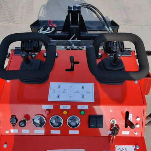 Control panel of Mini Skid Steer Loader 1800 Lb Capacity, 23HP Gas EPA Engine with levers and dials on red dashboard