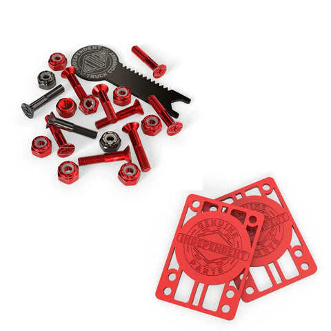 Skateboard Hardware Kit One Inch With Eight Red Anodized Bolts And Two Black Bolts Nylon Lock Nuts Includes Tool One Eighth Inch Red Indy Risers