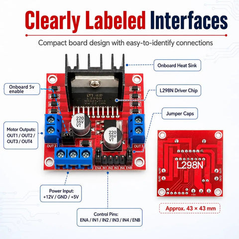 4 Pack Dual H Bridge DC Motor Driver Module For Arduino Uno R3 Mega 2560 Raspberry Pi And DIY Robots Drives Two DC Motors Or One Stepper Perfect For Smart Car Kits And Robotic Projects, 43x43mm L298N board