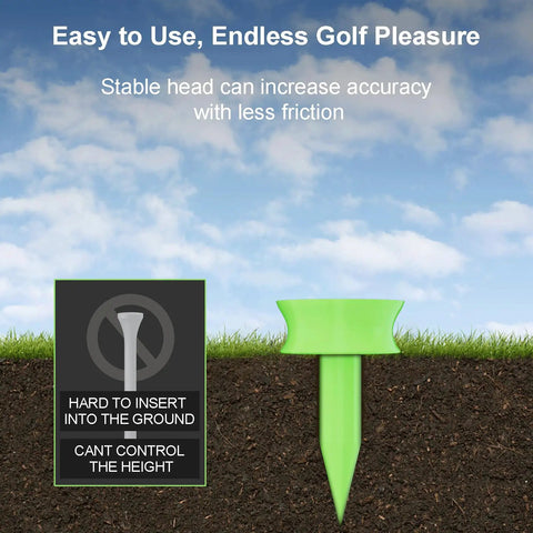 Durable Neon Green 0.82 Inch Golf Tee shown in firm ground with text highlighting stability and ease of use