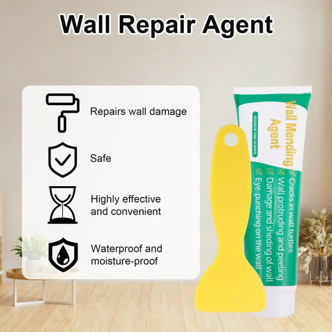 All In One Drywall Repair Kit For Holes And Cracks With Mending Agent Scraper Sandpaper And Nozzle Extender Quick And Easy Wall And Ceiling Fix No Mixing Or Mess Perfect Patch For Damaged Plaster And Drywall Surfaces displayed with scraper
