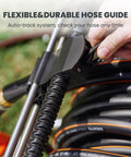 Closeup of Garden Hose Reel Cart With Wheels Stainless Steel Heavy Duty Hose Storage Carrier For Outdoor Use 200 Feet Of One Half Inch Capacity Mobile Water Hose Reel Cart showing flexible hose guide system.
