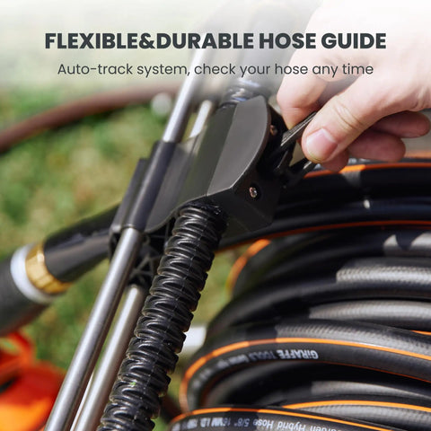 Closeup of Garden Hose Reel Cart With Wheels Stainless Steel Heavy Duty Hose Storage Carrier For Outdoor Use 200 Feet Of One Half Inch Capacity Mobile Water Hose Reel Cart showing flexible hose guide system.