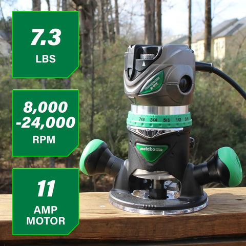 Fixed Base Router Built For Pros With 11 Amp Variable Speed Power And Two And One Quarter Peak HP on wooden surface