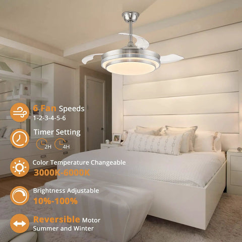 42 Inch Retractable Ceiling Fan with Remote, LED Lighting, Brushed Nickel Finish in modern bedroom setting