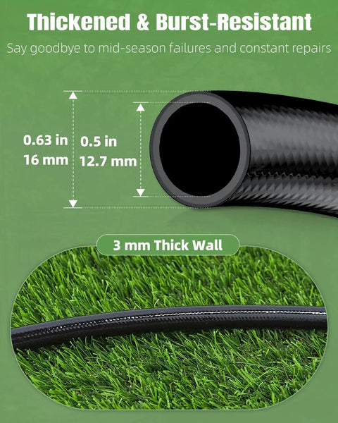 Close-up of 0.5 inch drip irrigation tubing showing dimensions and thickness, Half Inch Drip Irrigation Tubing Main Line 25 Ft Flexible PVC Garden System with Barbed Locking Fittings and Irrigation Parts for Reliable Lawn and Garden Watering.