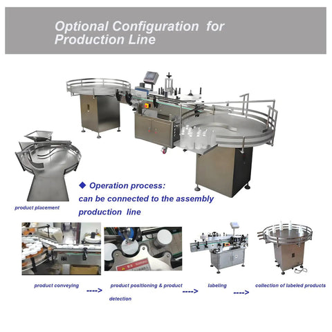 Heavy Duty Automatic Round Bottle Labeler With Quick Turntable And Smart Touchscreen Controls For Flawless Wrinkle Free Packaging And Hassle Free Operation Up To 3 Inch Bottles in a production line setup.