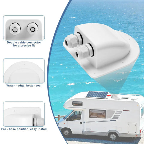 Dual Waterproof Solar Cable Entry Gland For RV And Boat Built Tough With IP68 Rating And Silicone Gasket Keeps Solar Connections Safe From Water Dust And Corrosion, white dual-entry gland on RV roof