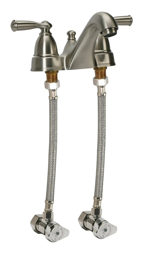 Braided Stainless Steel Faucet Connector 20 Inch With Three Eighths Inch Female Compression To One Half Inch FIP Thread Flexible Water Supply Line For Kitchen Sink And Bathroom attached to faucet