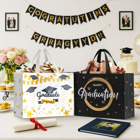 Two Pack 13 Inch Graduation Gift Bags With Tissue Paper Reusable Nonwoven Gift Bags With Handles 12.8 X 10.2 X 6.3 Inch Size