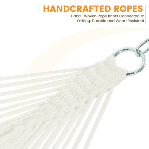 Close-up of handcrafted rope knots on Two Person 12Ft Quilted Fabric Hammock With Soft Pillow For Outdoors Patio Poolside Beach Cozy Hangout.
