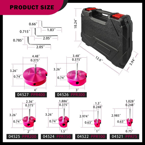 Pro Grade PVC Pipe Reamer Kit with Aluminum Heads, Includes Carbide Blades, Six Sizes for CPVC PPR or ABS shown with drill case