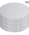 Grab These 50 Pack Super Tough 7 Inch Aluminum Oxide Sanding Discs With Hook Loop Backing And Flocking Design For Smooth Dry Sanding Projects No Clog Needed stacked surface view.