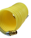 N12-50B Coiled Nylon Air Hose, Half Inch ID, Fifty Foot Length, Includes Two Half Inch Swivel Fittings, yellow coiled view