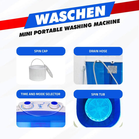 Components of Portable Mini Single Tub Washer For Small Clothes Under 1.2Kg, including spin cap, drain hose, mode selector, spin tub.