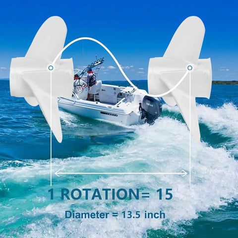 OEM Aluminum Outboard Boat Propeller For Yamaha 60-115 HP Engines 3 Blade Right Rotation 15 Spline 13.5 Pitch shown on boat