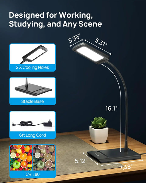 Bright Dimmable Eye Caring Desk Lamp With Three Color Modes shown with dimensions and features, ideal for home office.