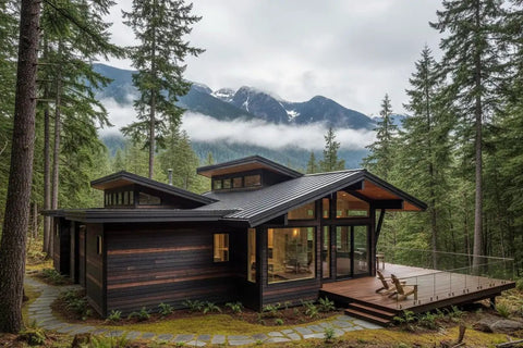 Pro Grade Reactive Water Based Wood Stain For Interior Or Exterior Creates A Badass Smoked Black Brown Finish on a modern cabin.