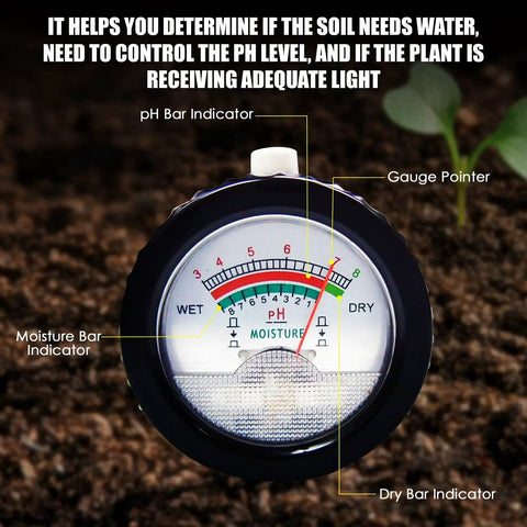 Close-up of 2-In-1 Digital Soil pH And Moisture Meter dial with indicators for gardens and farms, showing pH and moisture levels