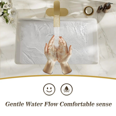 Single Handle Waterfall Bathroom Faucet In Brushed Gold With 6 Inch Deck Plate Includes Metal Pop Up Drain Assembly And CUPC Water Supply Lines Fits 4 Inch Single Hole Or 3 Hole Sinks For A Sleek Boss Level Spa Vibe top view