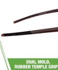 Close-up of rubber nosepiece and dual mold temple grips on brown mirror safety glasses with scratch resistant frameless design.
