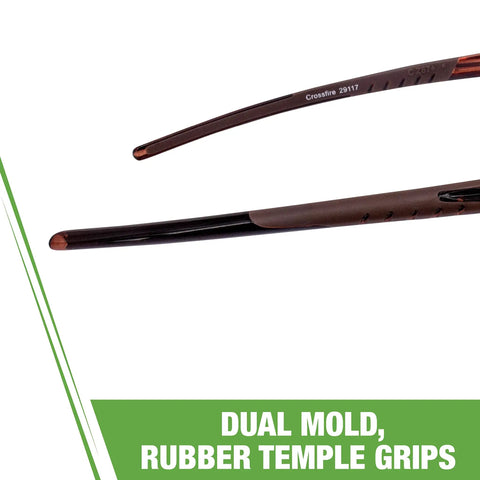 Close-up of rubber nosepiece and dual mold temple grips on brown mirror safety glasses with scratch resistant frameless design.