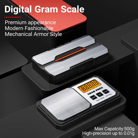 Ultra Portable Digital Gram Scale, 500G Capacity, 0.01G Accuracy, Pocket Handy For Jewelry, Modern Mechanical Armor Style