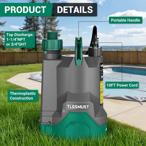 One Third Horsepower Submersible Water Pump With 2450 GPH Flow Portable Electric Utility Pump for pool drainage, shown outdoors