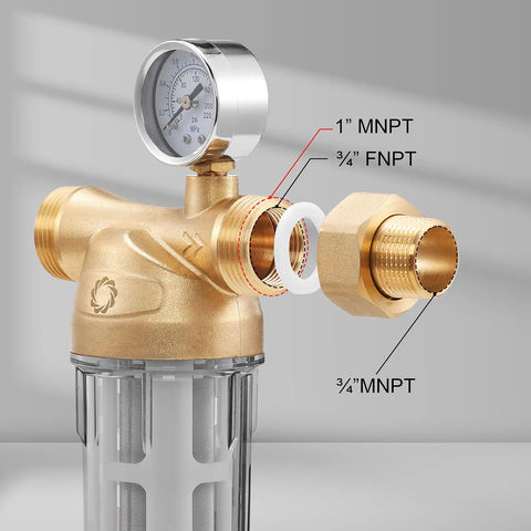 Close-up of Super Sleek 40 Micron Kickass Spin Down Water Filter showing brass fittings, pressure gauge, and mesh filter design