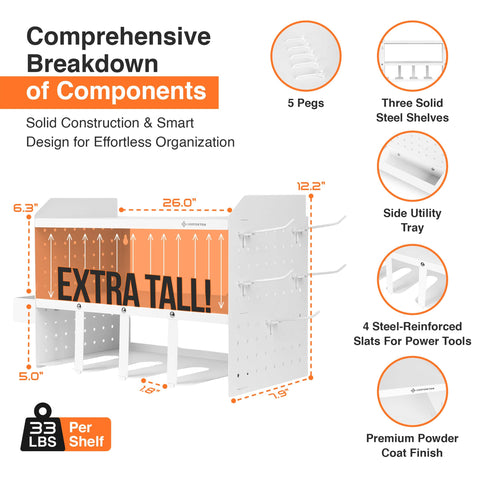 Power Tool Organizer Wall Mount 3 Layer Heavy Duty Cordless Tool Organizer With 4 Drill Hangers Modular Battery Tool Rack, steel construction, white finish, component breakdown