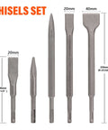 Front view of five carbide-tipped SDS-Plus hammer drill chisels and bits in metallic gray.