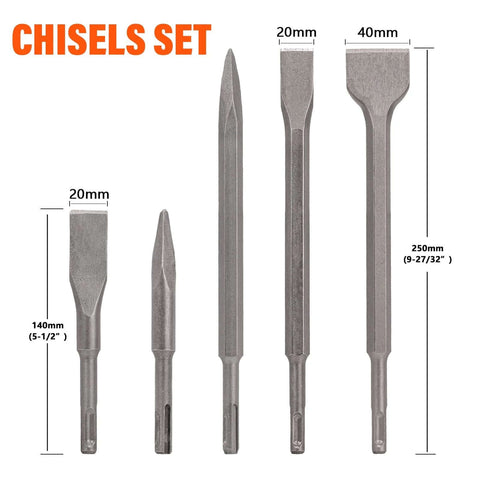 Front view of five carbide-tipped SDS-Plus hammer drill chisels and bits in metallic gray.